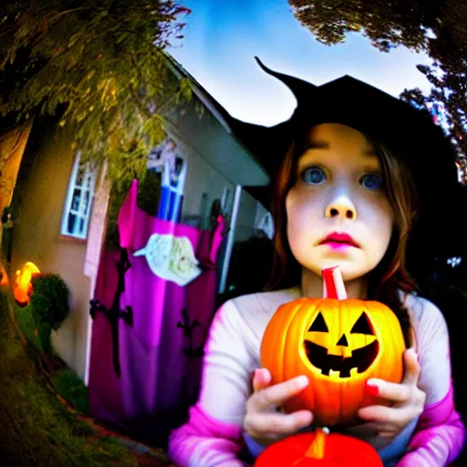 Prompt: A selfie of a woman trick or treating with a demon, fisheye lens photography, with a spooky filter applied, with a figure in the background, in a Halloween style.