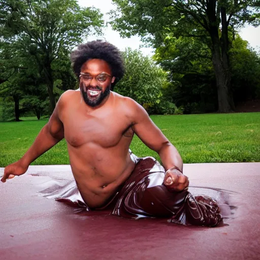 Image similar to adult sliding down chocolate pudding slip n slide legs first, professional photo taken at the park