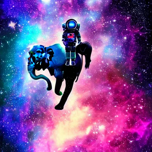 Prompt: astronaut riding an elephant!!! in space, colorful nebula in the background, digital painting,