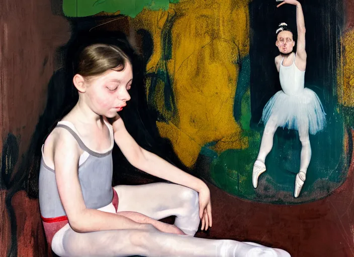 Prompt: portrait of nervous young girl ballerina sitting on the floor focusing in a dance hall by hernan bas and francis bacon and pat steir and hilma af klint, psychological, symmetrical face, dripping paint, washy brush, matte painting, rendered in octane, altermodern, masterpiece