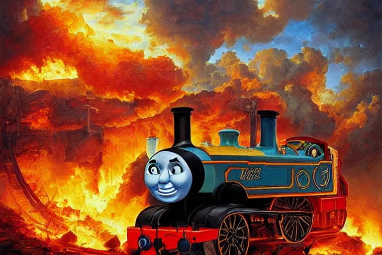 Image similar to thomas the tank engine on fire as the 4 horsemen of the apocalpyse ride by, an oil painting by ross tran and thomas kincade