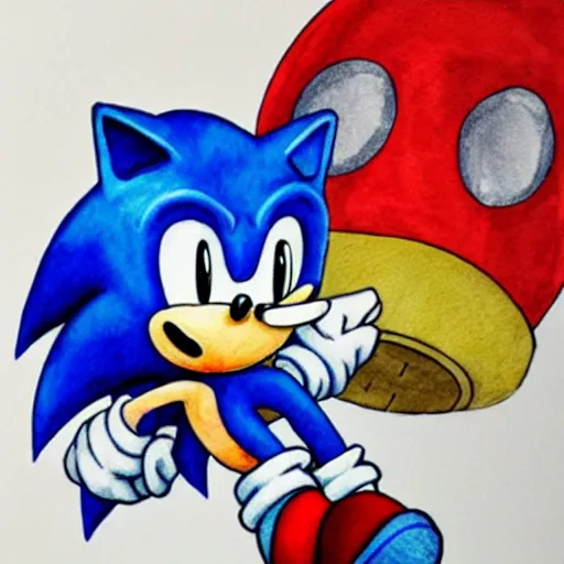 Image similar to Sonic in the style of Mario, with a mustache, beautiful watercolor art drawing, in the style of artist Simon Stalenhag s-90 - C 7