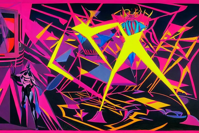 Image similar to a beautiful masterpiece painting of the technomancer wizard in dazzle camouflage robes with pointed hoods and his ai djinn performing psychic television on a crt tv by remedios varo and anato finnstark and greg rutkowski and andy warhol and francis picabia, dayglo pink, dayglo blue, dazzle camouflage, glowing, pearlescent white, raven black