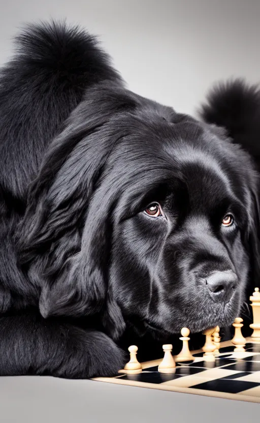 Image similar to An award winning photograph of a black newfoundland dog, looking intelligent, playing chess, studio lighting, medium shot, Sigma 85mm, 8k