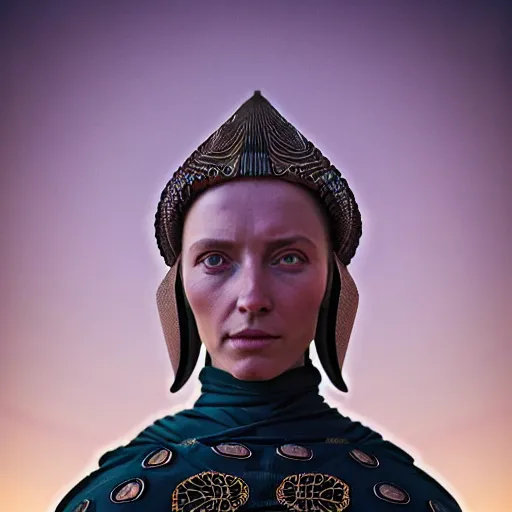 Image similar to Colour Caravaggio and Dune by denis villeneuve style full body Photography of Highly detailed beautiful Woman with 1000 years detailed face and wearing detailed Ukrainian folk costume designed by Taras Shevchenko also wearing highly detailed retrofuturistic sci-fi Neural interface designed by Josan Gonzalez. Many details In style of Josan Gonzalez and Mike Winkelmann and andgreg rutkowski and alphonse muchaand and Caspar David Friedrich and Stephen Hickman and James Gurney and Hiromasa Ogura. Rendered in Blender and Octane Render volumetric natural light