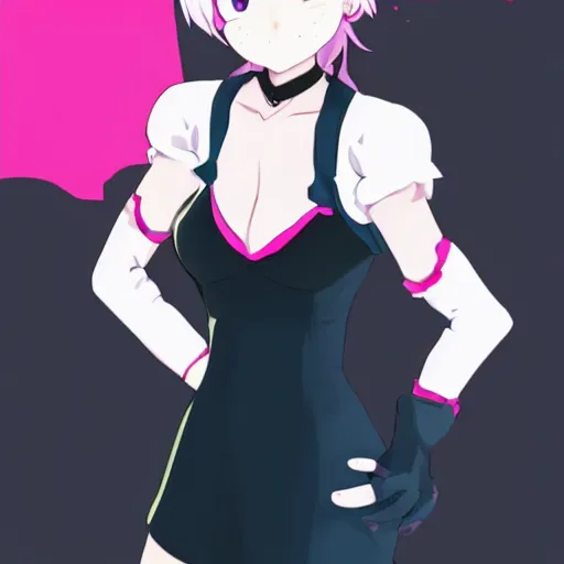 Prompt: girl, bare shoulders, detached sleeves, looking at viewer, open mouth, partially fingerless black gloves, pink background, red eyes, short hair, white hair, white shirt, white sleeves, wolf ears, artwork made by makoto shinkai