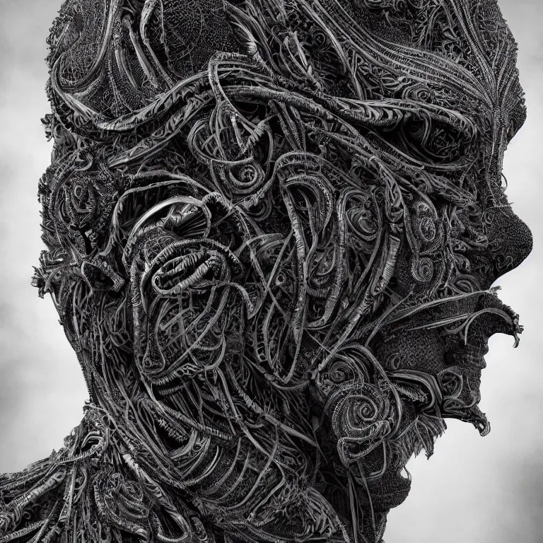 Image similar to surreal spinal ribbed tribal exotic organic face portrait of a beautiful cult member wearing occult, beautiful detailed intricate insanely detailed BW 3D render digital art, octane render, 8K artistic photography, photorealistic