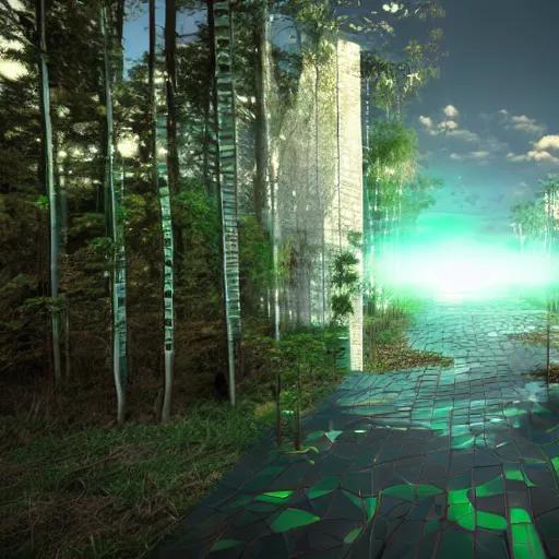 Image similar to glitching physics, landscape design, game concept art, unreal, cinema 4d render,