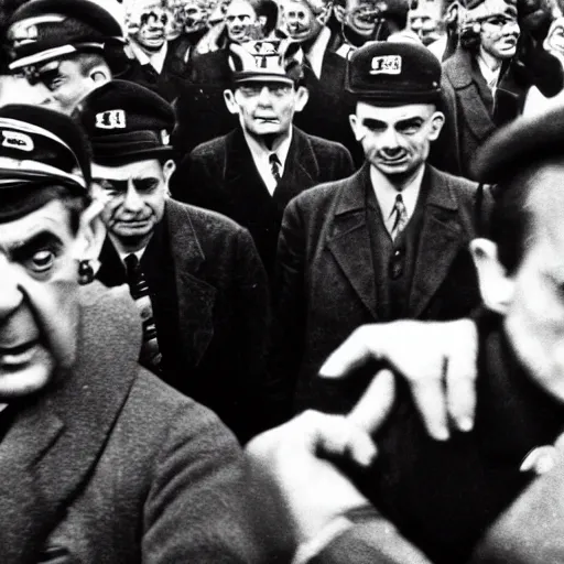 Image similar to mr bean at the nazi nuermberg rallies, historical, 1 9 4 0 s photo style, extreme detail, gritty, serious