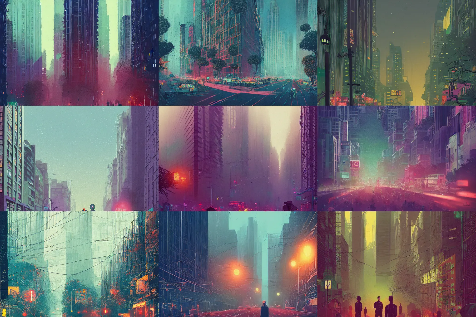 Prompt: portrait of a busy city street lush overgrowth many people, modern art deco, colorful, mads berg, christopher balaskas, victo ngai, misty, fine texture, detailed, muted colors, dynamic composition, matte print, wide angle, moody, stippled light, very grainy texture