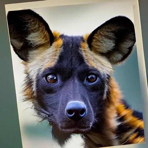 Image similar to A photograph of an African Wild Dog wearing a photograph.