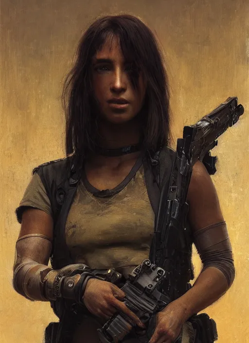 Image similar to 👩🏾🏭. cyberpunk mercenary in a military vest ( blade runner 2 0 4 9, cyberpunk 2 0 7 7 ). orientalist portrait by john william waterhouse and james gurney and theodore ralli and nasreddine dinet, oil on canvas. cinematic, hyper realism, realistic proportions, dramatic lighting, high detail 4 k