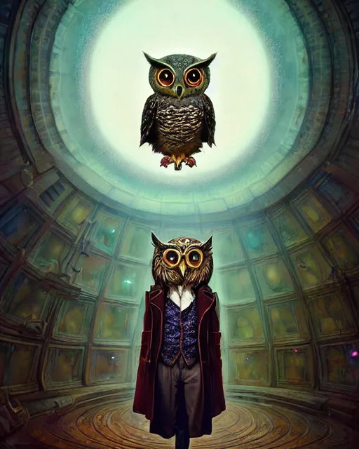 Prompt: anthropomorphic art of a timelord owl inside tardis, victorian inspired clothing by artgerm, victo ngai, ryohei hase, artstation. fractal papersand books. highly detailed digital painting, smooth, global illumination, fantasy art by greg rutkowsky, karl spitzweg, doctor who