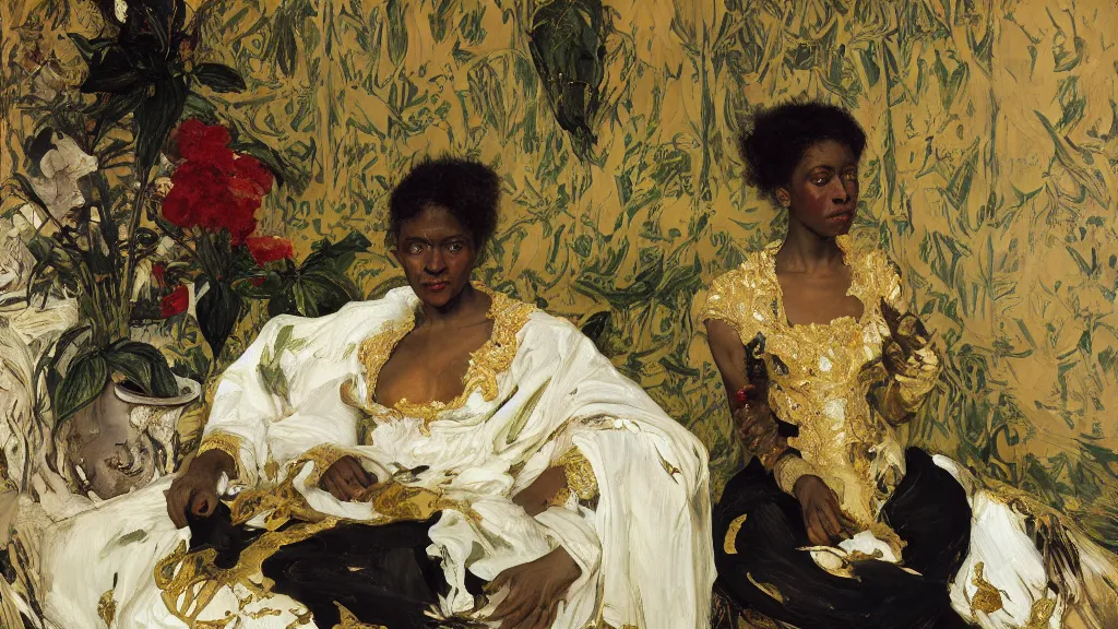 Image similar to high quality high detail painting by lucian freud, jenny savile, ilya repin and john singer sargent, black woman in a white room with many plants, intricate costume design, orientalist, partially gold, ornate, elite, luxury, hd