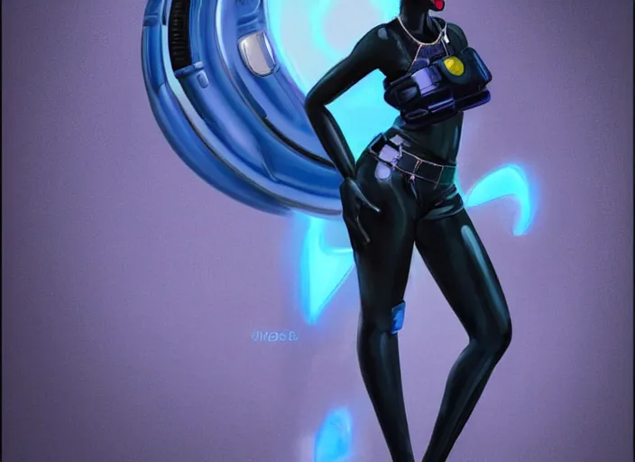 Prompt: a black woman with blue hair wearing a futuristic outfit by osborne macharia, trending on behance, afrofuturism, futuristic, airbrush art, future tech