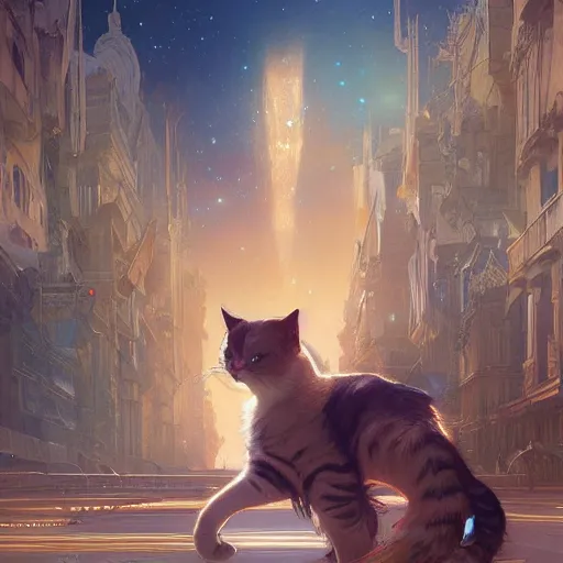 Image similar to Concept art, beautiful painting of a cat, shining its light among stars, wandering around a metropolis city, 8k, alphonse mucha, james gurney, greg rutkowski, john howe, artstation