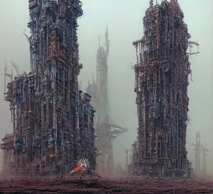 Image similar to gigantic mechanic megastructure tower in center, gothic, warhammer, steampunk, highly detailed, artstation, art by zdislav beksinski and wayne barlowe