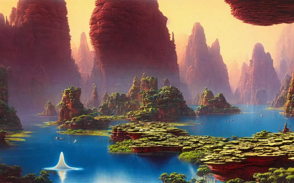 Prompt: a beautiful highly detailed matte painting of an alien planet with giant lotus with a lake surrounded by a canyon and rocks. by bruce pennington concept art