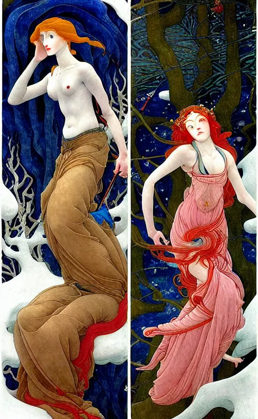 Image similar to 3 Winter Deities, (one representing each month of December, January, and February), in a mixed style of Ivan Bilibin, Æon Flux, Peter Chung, Botticelli, and John Singer Sargent, inspired by pre-raphaelite paintings, shoujo manga, and cool Japanese street fashion, they are downcast or asleep, dramatic moody cold landscape, dark and muted colors, hyper detailed, super fine inking lines, ethereal atmosphere, ghost, 4K extremely photorealistic, Arnold render