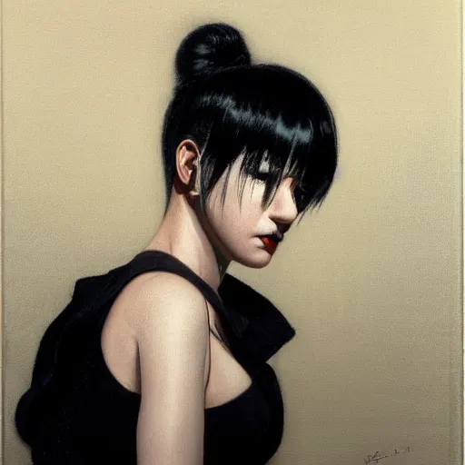 Image similar to A young woman with black and white hair looking disgusted away from the camera, Punk, Portrait by Noriyoshi Ohrai, rendered in octane, oil on canvas