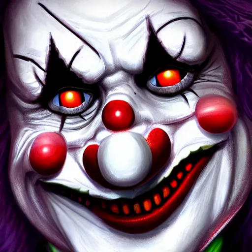 Image similar to close - up of a creepy clown, concept art, digital art, highly detailed