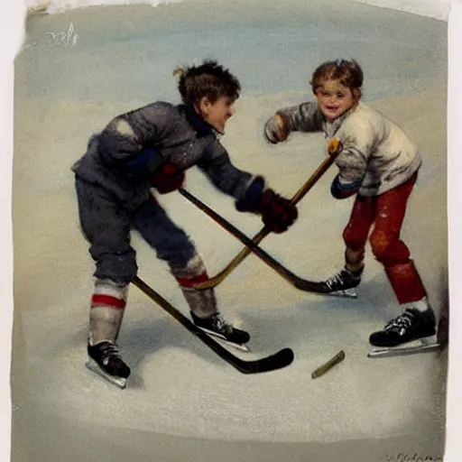 Image similar to ( ( ( ( ( 1 9 5 0 s kids playing hockey on a sunny winter. muted colors. ) ) ) ) ) by jean - baptiste monge!!!!!!!!!!!!!!!!!!!!!!!!!!!