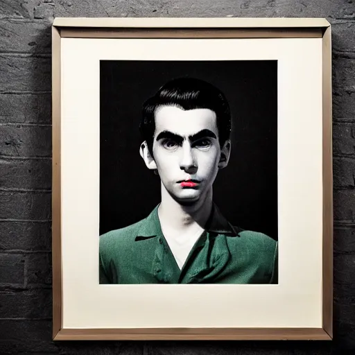 Image similar to a fine art portrait of a young man with black hair and asymmetrical eyebrows. In the style of Stanley Kubrick and Wes Anderson, Art directed by Edward Hopper.