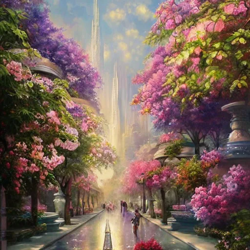 Image similar to a painting of an art - deco cityscape surrounded by flowers, a watercolor and matte painting by mark keathley and mandy jurgens and charlie bowater, cgsociety, artdeco, utopia art, bold colors, sci - fi, artstation hq