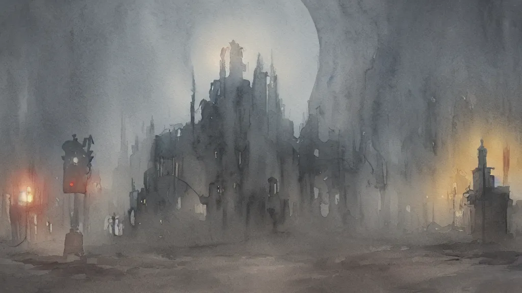 Image similar to a watercolor painting of an abandoned city in hell, scary, foggy, fantasy, smoke, fire, circular, digital art,