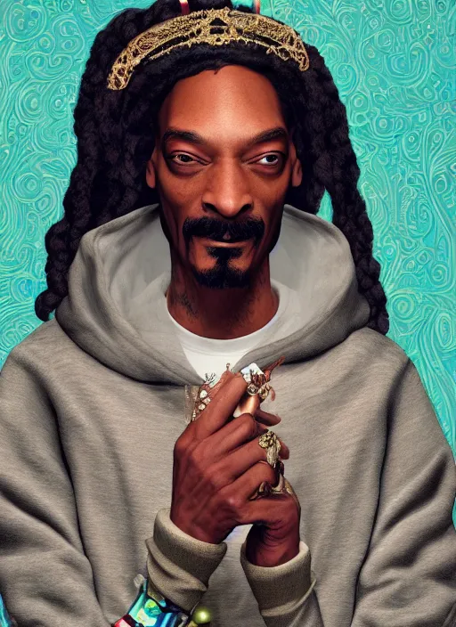 Image similar to snoop dogg is a disney princess, hyper detailed, digital art, trending in artstation, cinematic lighting, studio quality, smooth render, unreal engine 5 rendered, octane rendered, art style by klimt and nixeu and ian sprigger and wlop and krenz cushart.