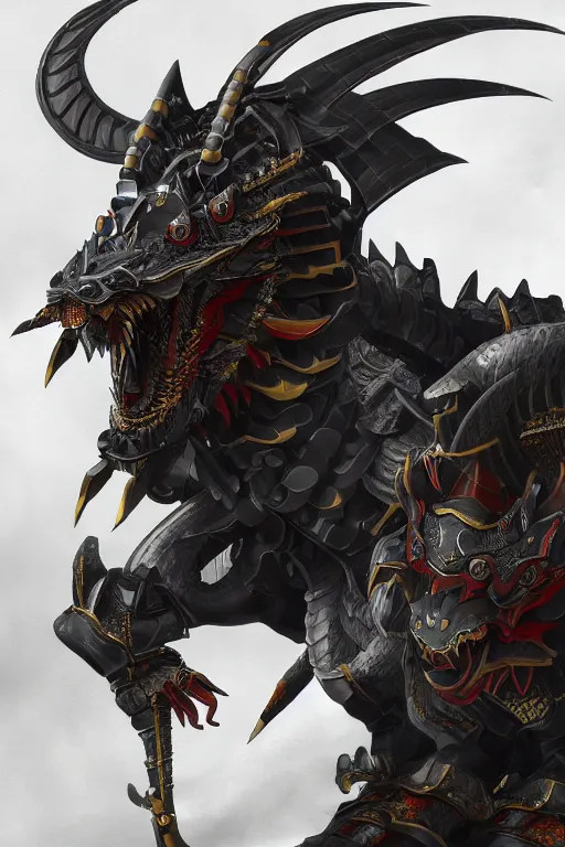 Image similar to A painting of a mechanical dragon samurai in black japanese armor, full body, Concept Art, ultra detailed, octane render, 8k, wide angle
