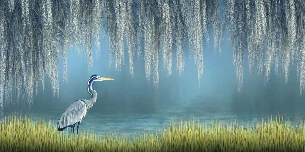 Prompt: a majestic blue heron in shallow river, willow trees, cherry blossom trees, lily pads, bullrushes, marsh, clouds, godrays, intricate, luminescent matte painting, highly detailed, artstation, dusk