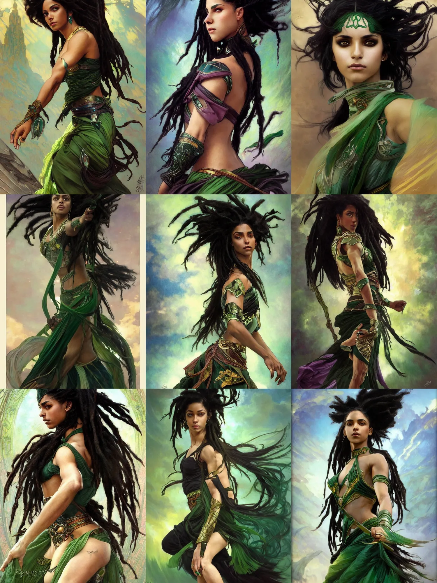 Prompt: picture of combat dancer, female, black skin, green eyes, dreadlock black hair, bolero, high fantasy, arab inspired, smooth, sharp focus, pastel painting, by artgerm and greg rutkowski and alphonse mucha