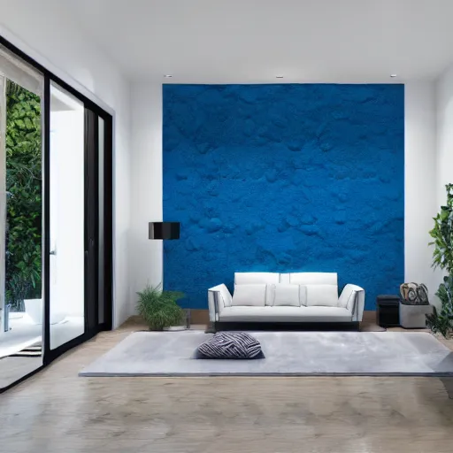 Image similar to interior of a villa, modern minimal design, pour paint art as wall texture, blue, grey, white, photorealist, 4 k