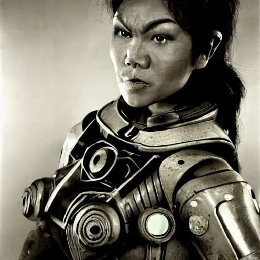 Prompt: A Filipino woman wearing Fallout 3 power armor, portrait, by Philippe Halsman