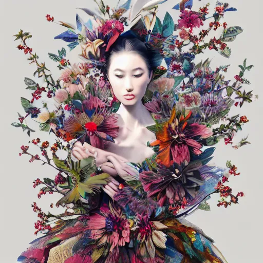 Prompt: 3 / 4 view of a beautiful girl wearing an origami dress, eye - level medium shot, fine floral ornaments in cloth and hair, hummingbirds, elegant, by eiko ishioka, givenchy, shinji aramaki, by peter mohrbacher, centered, fresh colors, origami, fashion, detailed illustration, vogue, japanese, reallusion character creator