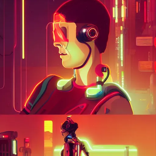 Prompt: butch cyborg woman repairs herself, cyberpunk art by james gilleard, cgsociety, retrofuturism, synthwave, retrowave, outrun