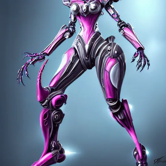 Image similar to highly detailed exquisite fanart, of a beautiful female warframe, but as an anthropomorphic elegant robot female dragon, shiny and smooth white silver plated armor engraved, robot dragon head, Fuchsia skin beneath the armor, sharp claws, long sleek tail behind, robot dragon hands and feet, standing elegant pose, close-up shot, full body shot, epic cinematic shot, professional digital art, high end digital art, singular, realistic, DeviantArt, artstation, Furaffinity, 8k HD render, epic lighting, depth of field