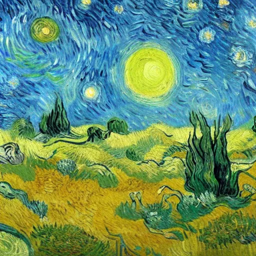 Prompt: a beautiful alien planet with plants and animals. Oil painting in the style of Van Gogh.