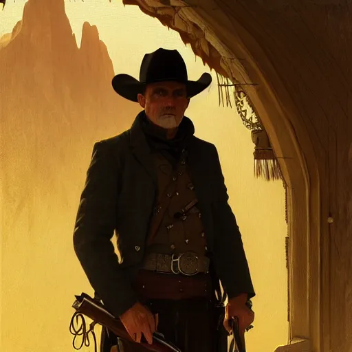 Prompt: clean shaven, tan, middle - aged christian priest with dark hair in dark clothing, two thirds shot, intricate, wild west setting, highly detailed, digital painting, artstation, oppressive lighting, concept art, sharp focus, illustration, art by greg rutkowski and alphonse mucha