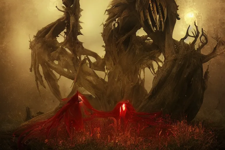 Image similar to Strange and mystical creatures scary and dangerous, concept art, inspired by Reylia Slaby, Guillermo del Toro, trending on artstation, volumetric lighting, intricate, ornate, CGsociety