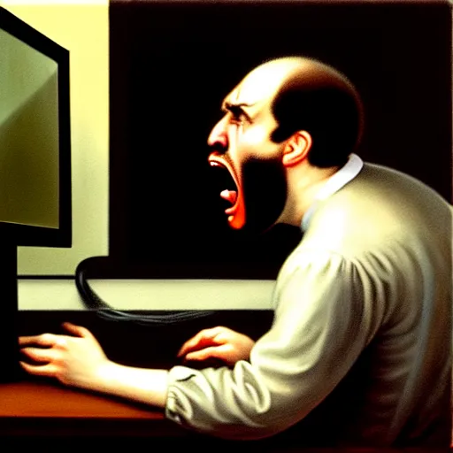 Image similar to an angry man yells at his computer monitor, oil on canvas, 1 8 8 3, highly detailed