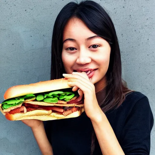 Image similar to “ asian girl eating a subway footlong bacon sub sandwich ”