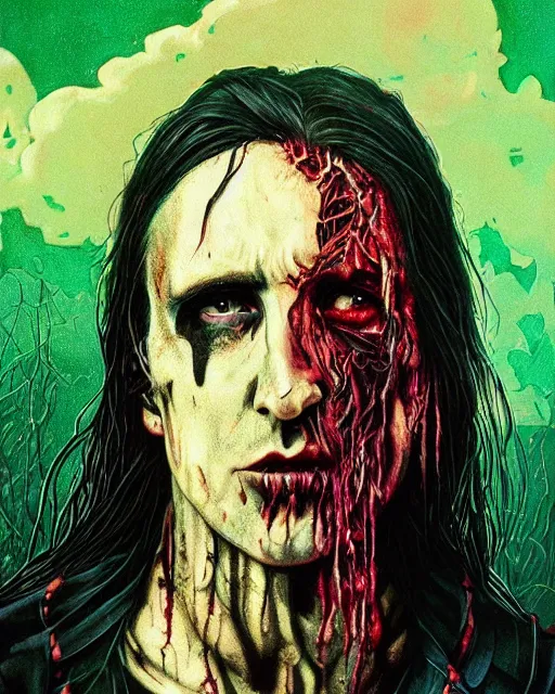 Image similar to trent reznor with long hair as a decaying zombie, horror, high details, bright colors, striking, intricate details, by vincent di fate, artgerm julie bell beeple, 1 9 8 0 s, inking, vintage 8 0 s print, screen print