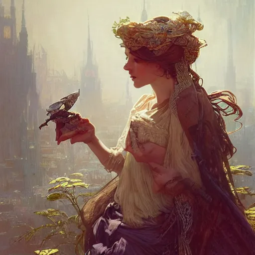 Image similar to woman modestly dressed in linen, fantasy character portrait, ultra realistic, concept art, intricate details, highly detailed by greg rutkowski, gaston bussiere, craig mullins, in style of alphonso mucha