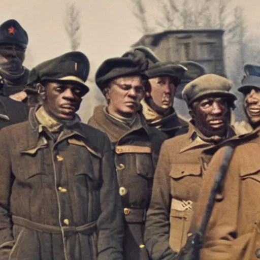 Image similar to 8 k, uhd, historical coloured pictures of nazi hire some black american gangster crips which wore blue bandana and hip hop clothes to soviet border, highly detailed form, highly details content