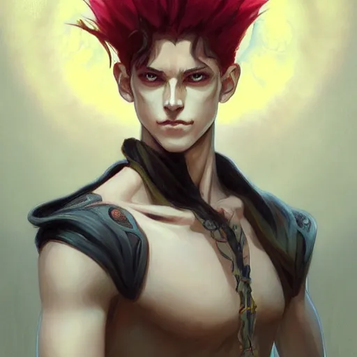 Image similar to portrait of hisoka hunter hunter, male, upper body sharp jaw yellow eyes small eyes red hair, long hair, anime, fantasy, intricate, elegant, highly detailed, digital painting, artstation, concept art, matte, sharp focus, illustration, art by artgerm and greg rutkowski and alphonse mucha