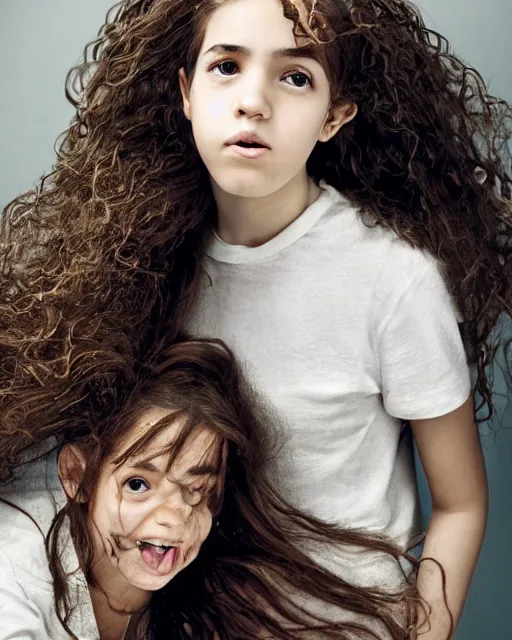 Prompt: photo portrait 1 5 - year old girl with lush brown hair, hermione granger, large front teeth, and bright piercing brown eyes, hyper realistic face, beautiful eyes, by mario testino