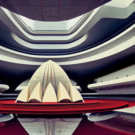 Image similar to interior of a futuristic lotus temple space station with gold, red and white marble panels, by buckminster fuller and syd mead, intricate contemporary architecture, photo journalism, photography, cinematic, national geographic photoshoot