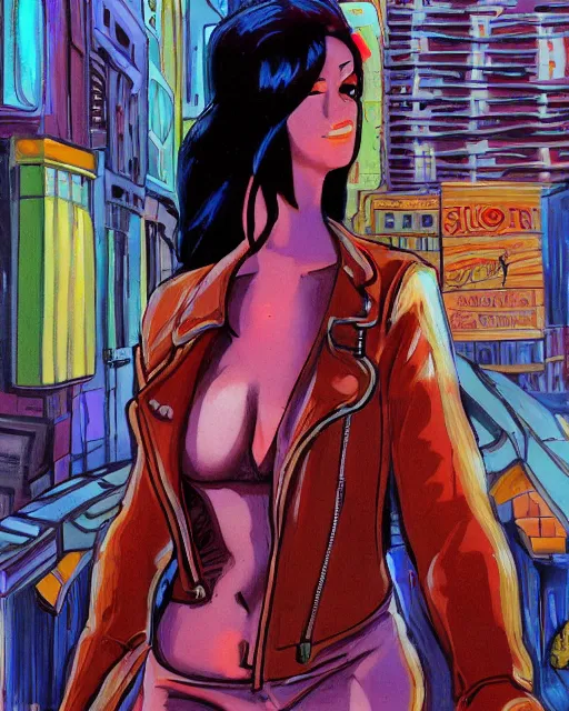 Image similar to young female protagonist in leather jacket, city street, artwork by ralph bakshi